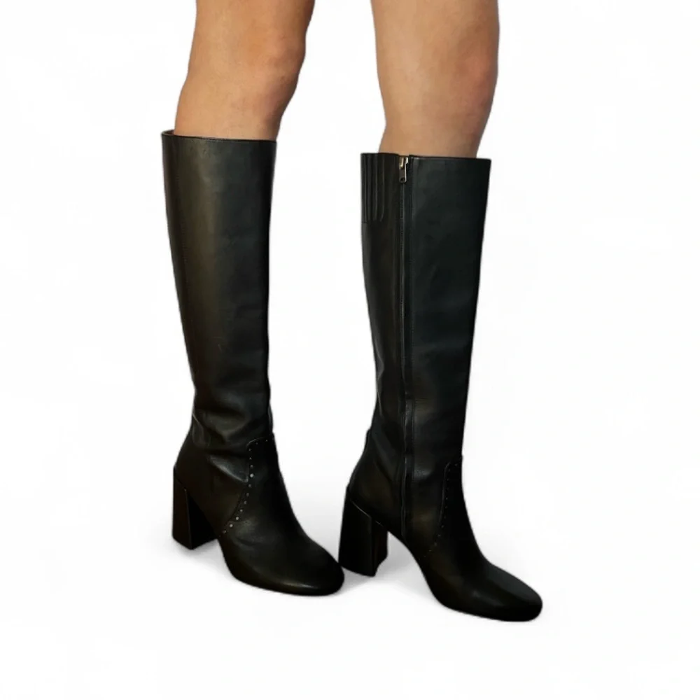 Coach Falon Black Leather Knee-High Women's Boots Chunky Heel Sz 9.5 SOOL